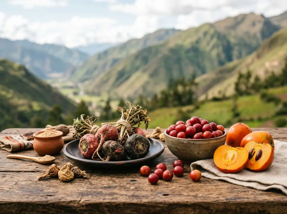 Selección de superalimentos orgánicos andinos: maca roja, maca negra, camu camu y chontaduro